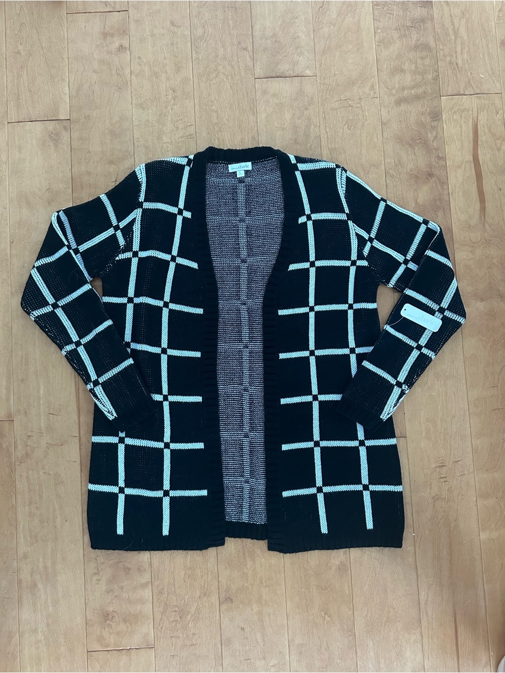 Charming Charlie Black Cardigan with White Windowpane Grid